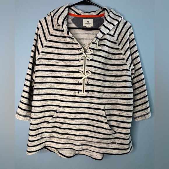 Sperry Hoodie Women’s 1/4 Zip Pullover Size Small Kangaroo Pocket Striped Navy - Picture 1 of 7